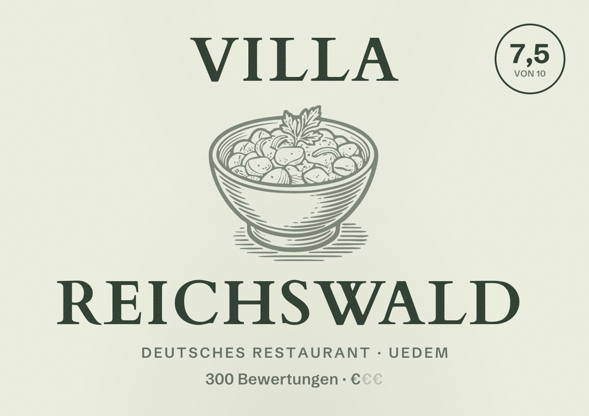 Illustriertes Poster von Villa Reichswald, Deutsches Restaurant in Uedem: Bewertung 7,5 von 10 aus 300 Bewertungen, Preisniveau €