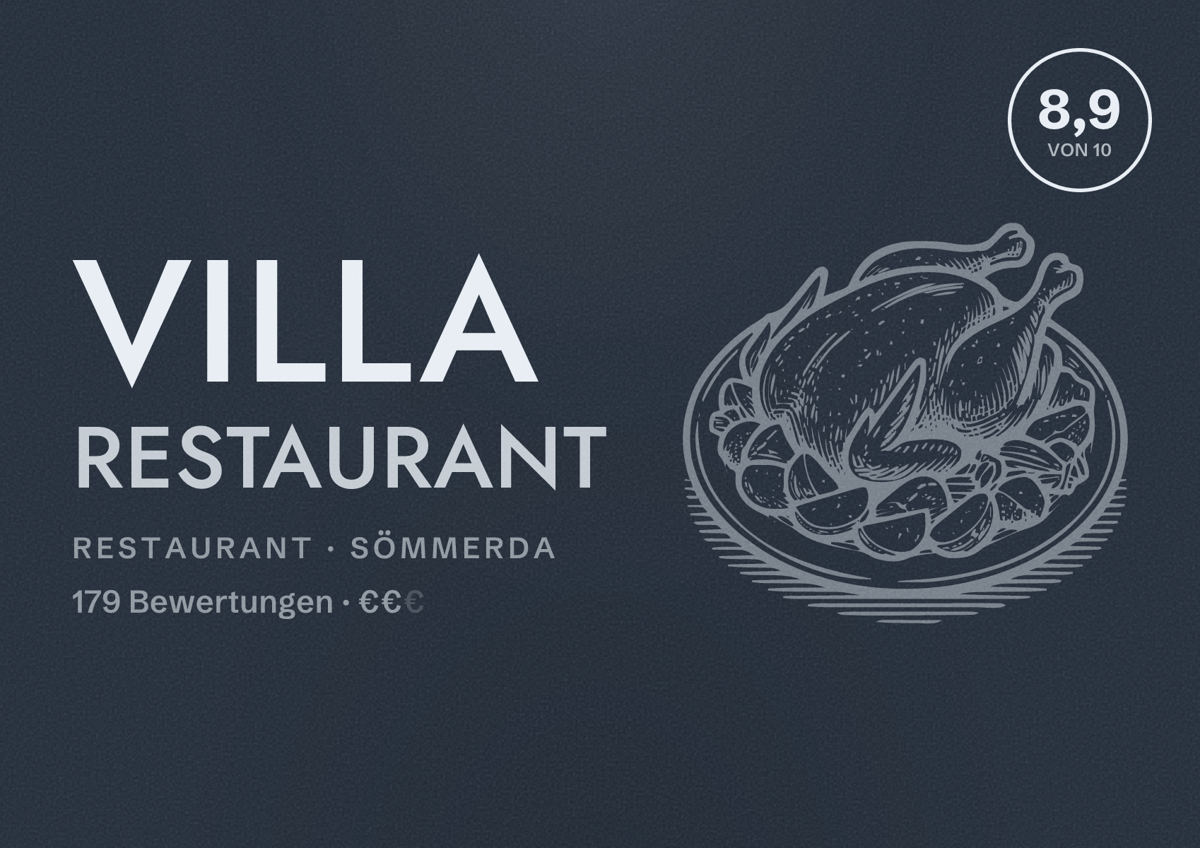 Illustriertes Poster von Villa Restaurant, Restaurant in Sömmerda: Bewertung 8,9 von 10 aus 179 Bewertungen, Preisniveau €€