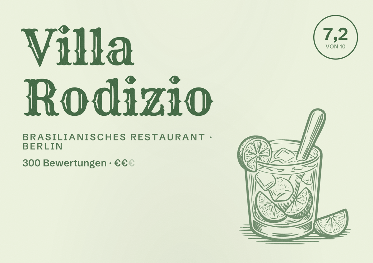 Illustriertes Poster von Villa Rodizio, Brasilianisches Restaurant in Berlin: Bewertung 7,2 von 10 aus 300 Bewertungen, Preisniveau €€
