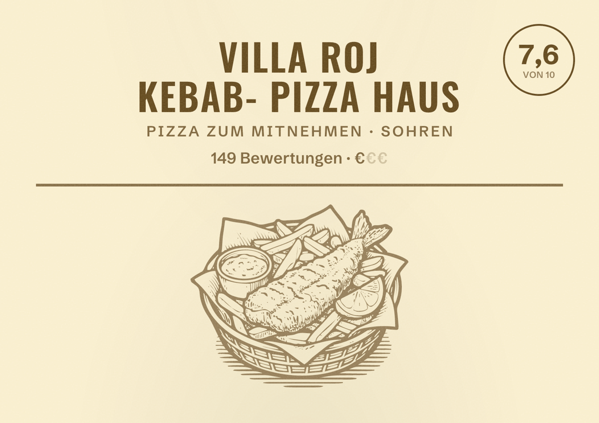 Illustriertes Poster von Villa Roj Kebab- Pizza Haus, Pizza zum Mitnehmen in Sohren: Bewertung 7,6 von 10 aus 149 Bewertungen, Preisniveau €