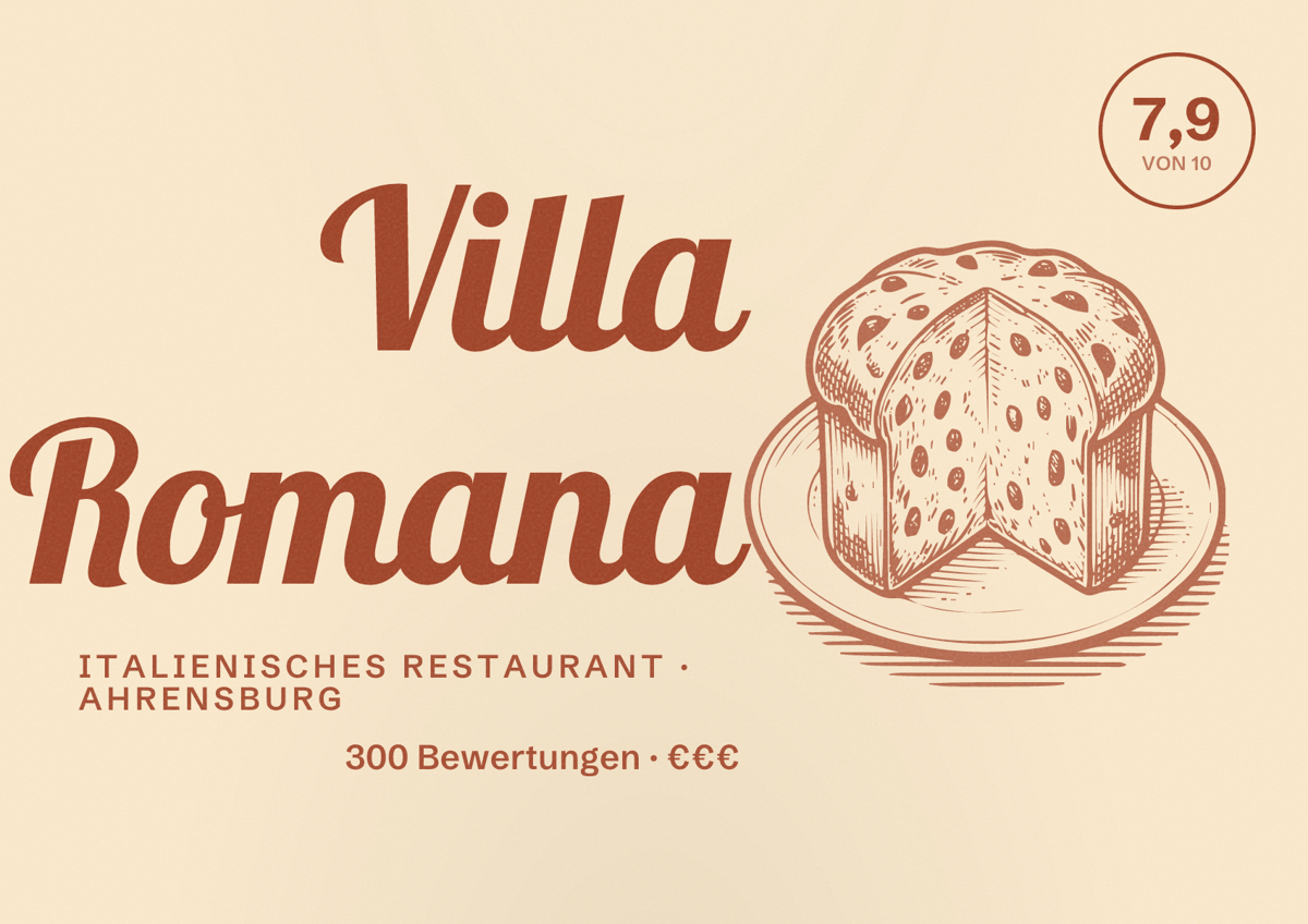 Illustriertes Poster von Villa Romana, Italienisches Restaurant in Ahrensburg: Bewertung 7,9 von 10 aus 300 Bewertungen, Preisniveau €€€