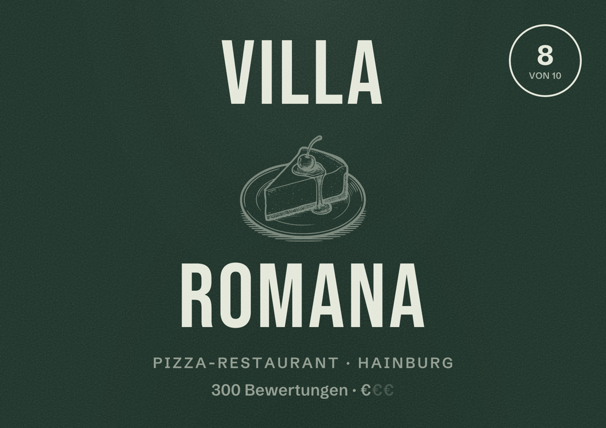 Illustriertes Poster von Villa Romana, Pizza-Restaurant in Hainburg: Bewertung 8 von 10 aus 300 Bewertungen, Preisniveau €
