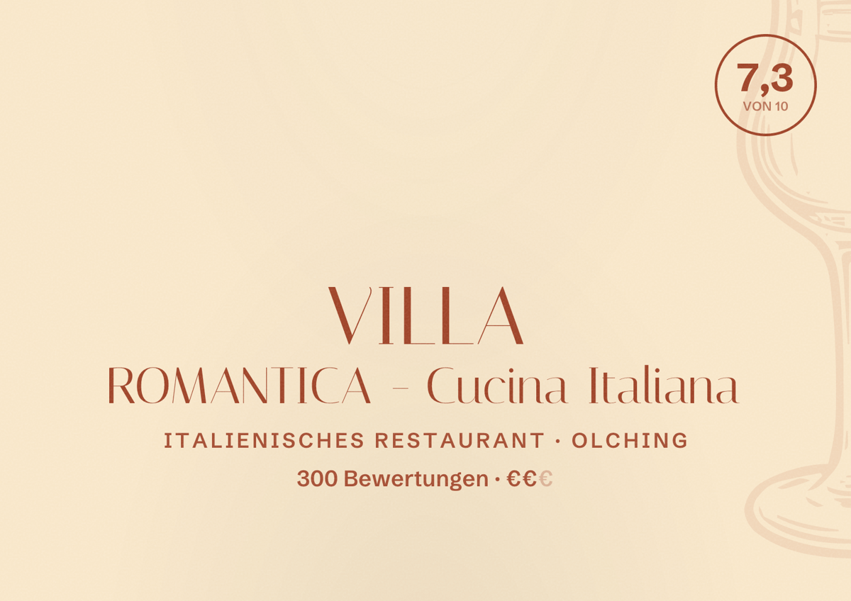 Illustriertes Poster von VILLA ROMANTICA - Cucina Italiana, Italienisches Restaurant in Olching: Bewertung 7,3 von 10 aus 300 Bewertungen, Preisniveau €€