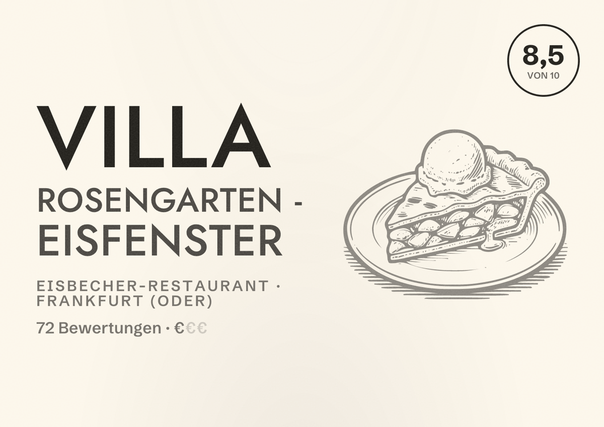 Illustriertes Poster von Villa Rosengarten - Eisfenster, Eisbecher-Restaurant in Frankfurt (Oder): Bewertung 8,5 von 10 aus 72 Bewertungen, Preisniveau €