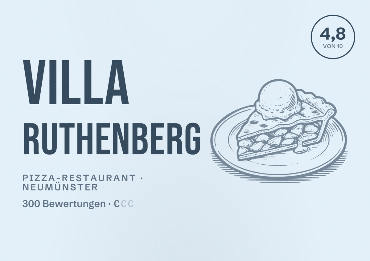 Illustriertes Poster von Villa Ruthenberg, Pizza-Restaurant in Neumünster: Bewertung 4,8 von 10 aus 300 Bewertungen, Preisniveau €