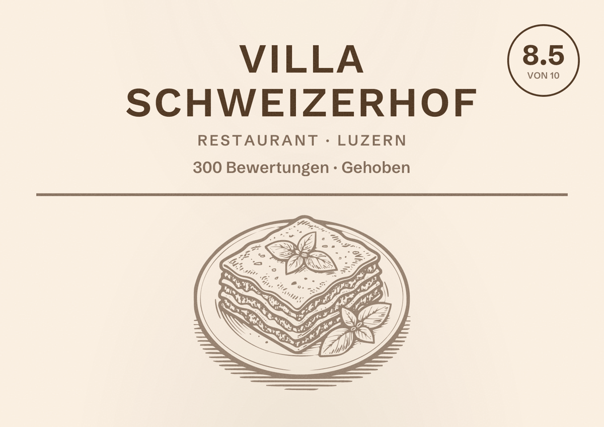 Illustriertes Poster von VILLA Schweizerhof, Restaurant in Luzern: Bewertung 8.5 von 10 aus 300 Bewertungen, Preisniveau Gehoben
