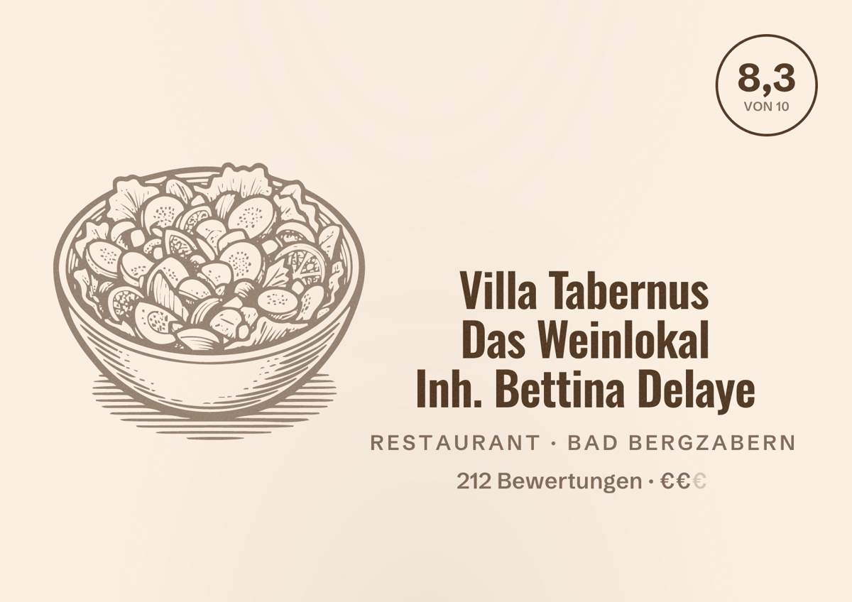 Illustriertes Poster von Villa Tabernus Das Weinlokal Inh. Bettina Delaye, Restaurant in Bad Bergzabern: Bewertung 8,3 von 10 aus 212 Bewertungen, Preisniveau €€