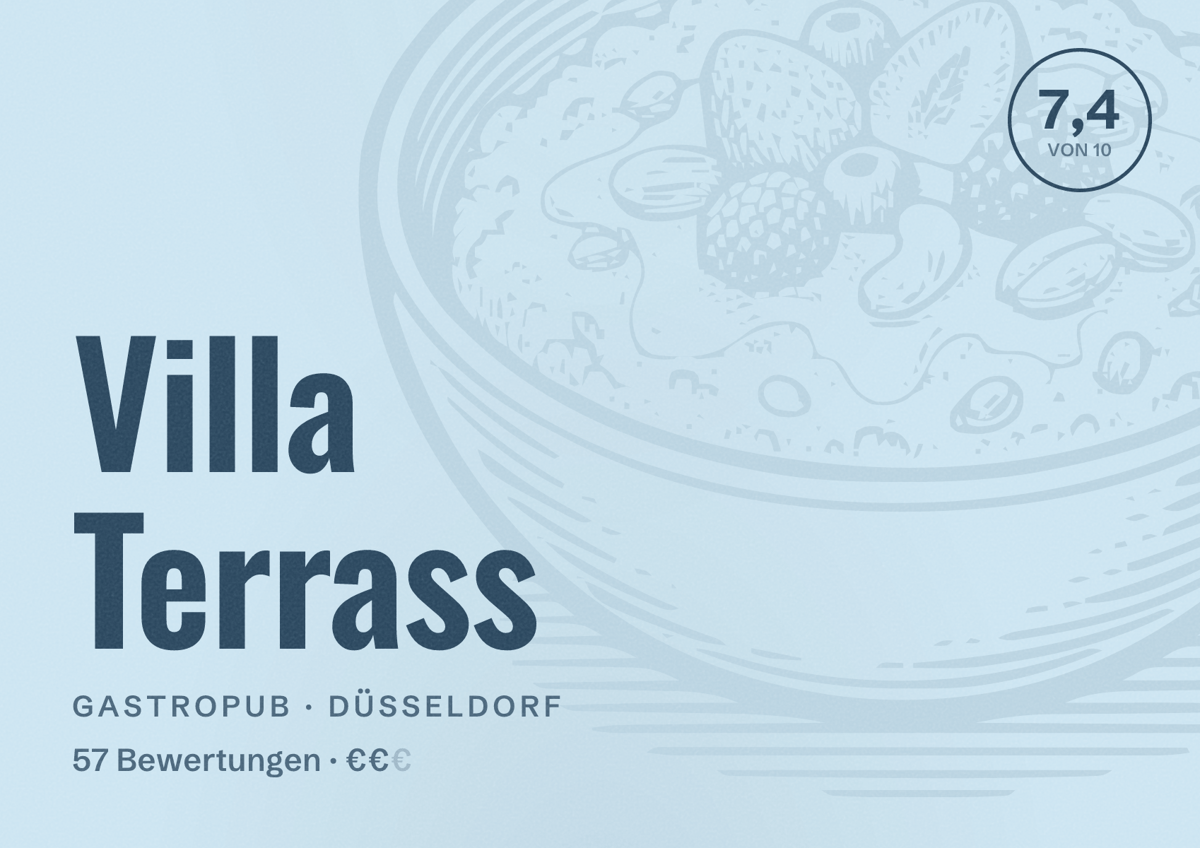 Illustriertes Poster von Villa Terrass, Gastropub in Düsseldorf: Bewertung 7,4 von 10 aus 57 Bewertungen, Preisniveau €€