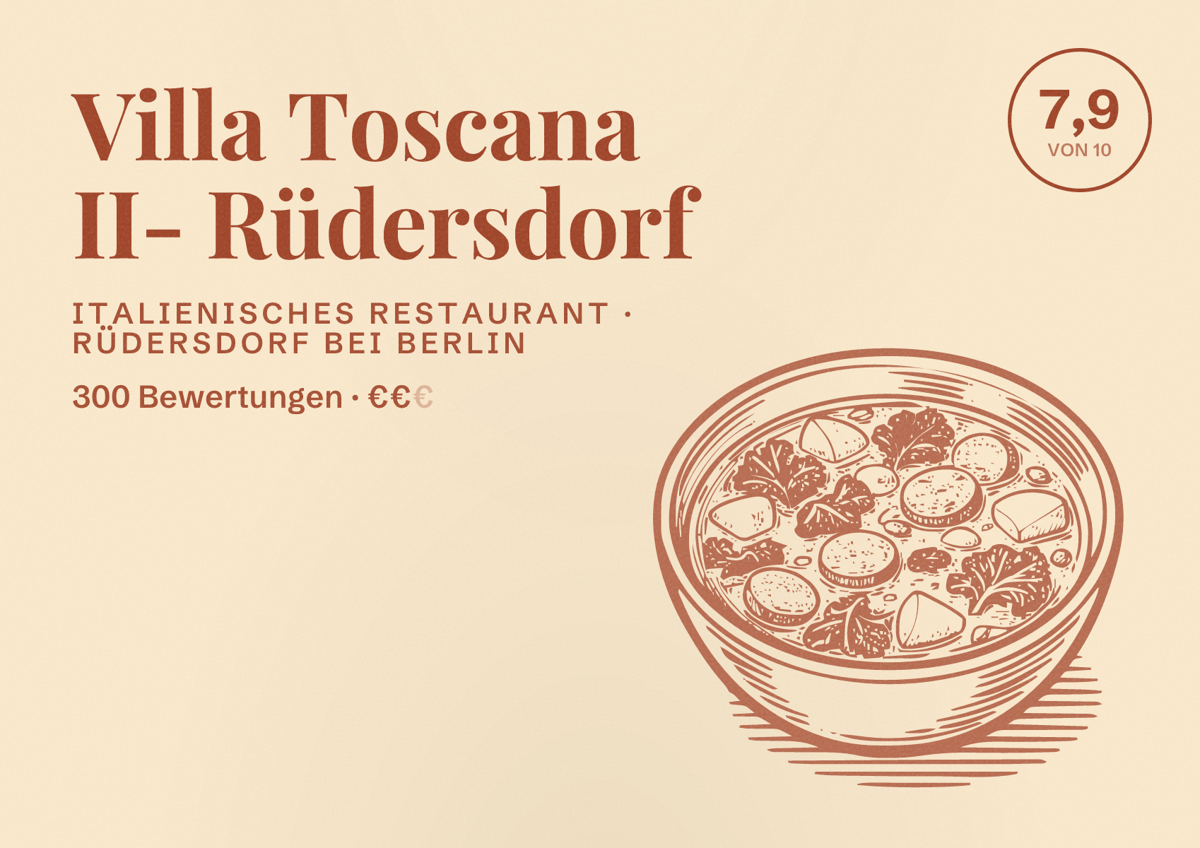 Illustriertes Poster von Villa Toscana II- Rüdersdorf, Italienisches Restaurant in Rüdersdorf bei Berlin: Bewertung 7,9 von 10 aus 300 Bewertungen, Preisniveau €€