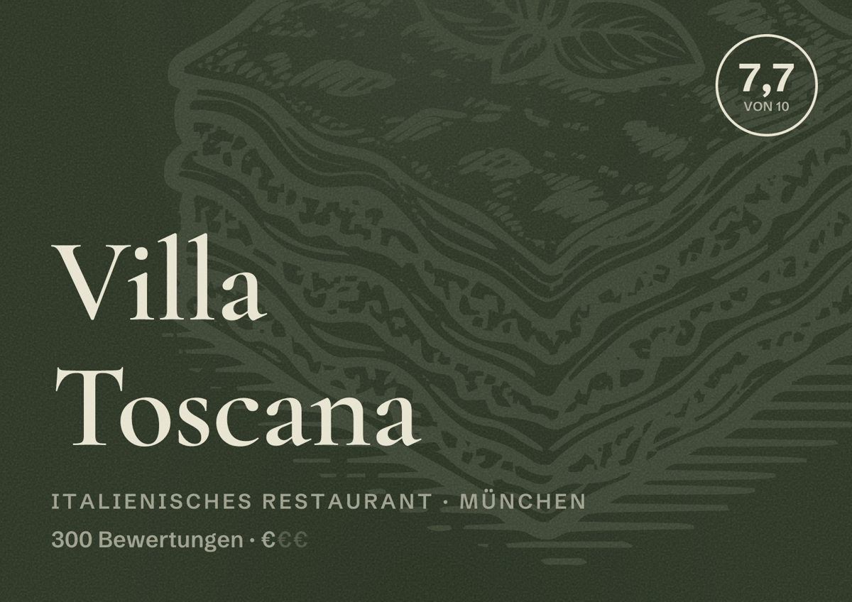 Illustriertes Poster von Villa Toscana, Italienisches Restaurant in München: Bewertung 7,7 von 10 aus 300 Bewertungen, Preisniveau €