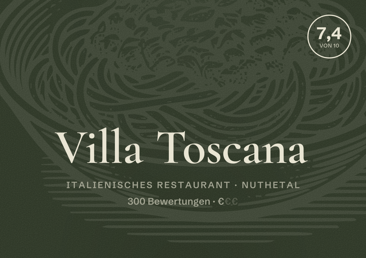 Illustriertes Poster von Villa Toscana, Italienisches Restaurant in Nuthetal: Bewertung 7,4 von 10 aus 300 Bewertungen, Preisniveau €