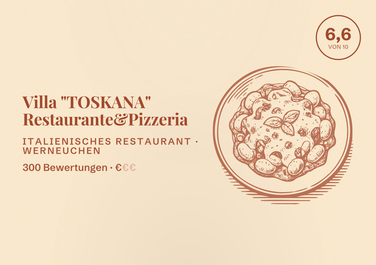 Illustriertes Poster von Villa "TOSKANA" Restaurante&Pizzeria, Italienisches Restaurant in Werneuchen: Bewertung 6,6 von 10 aus 300 Bewertungen, Preisniveau €