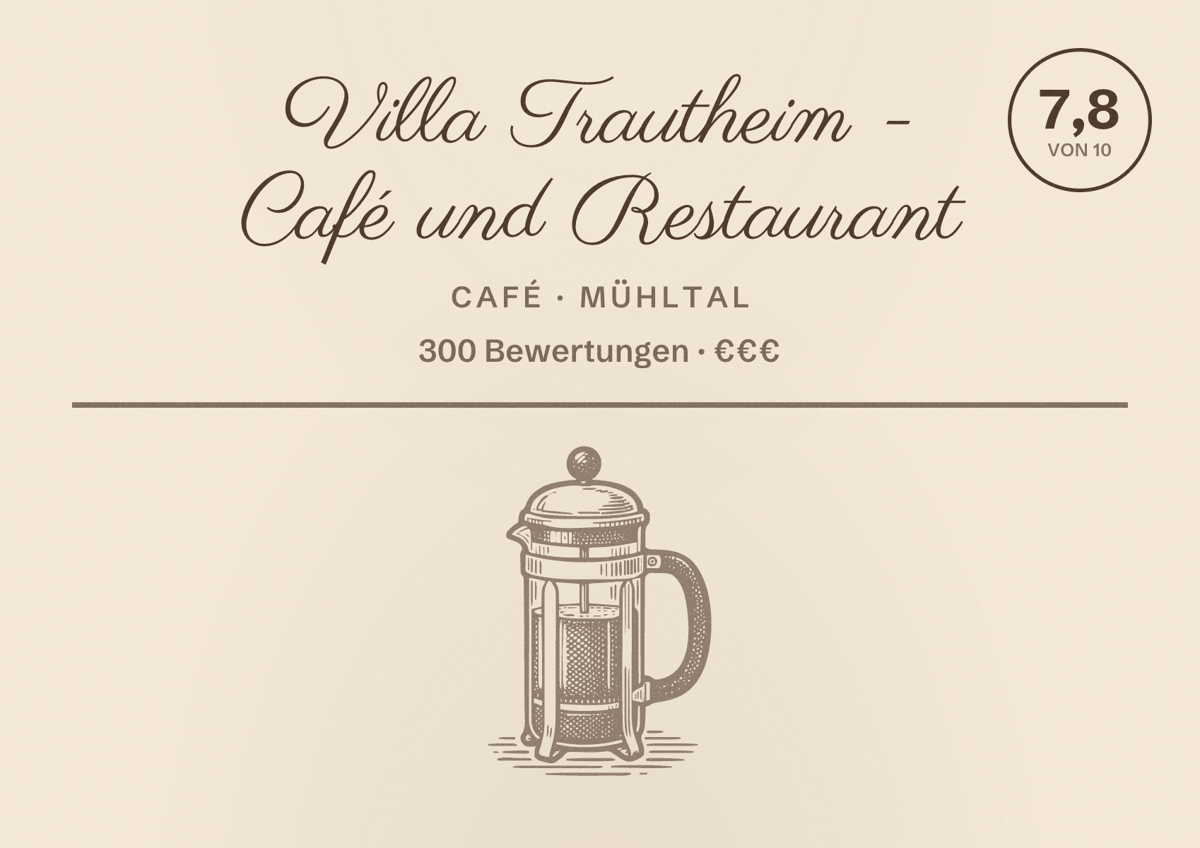 Illustriertes Poster von Villa Trautheim - Café und Restaurant, Café in Mühltal: Bewertung 7,8 von 10 aus 300 Bewertungen, Preisniveau €€€