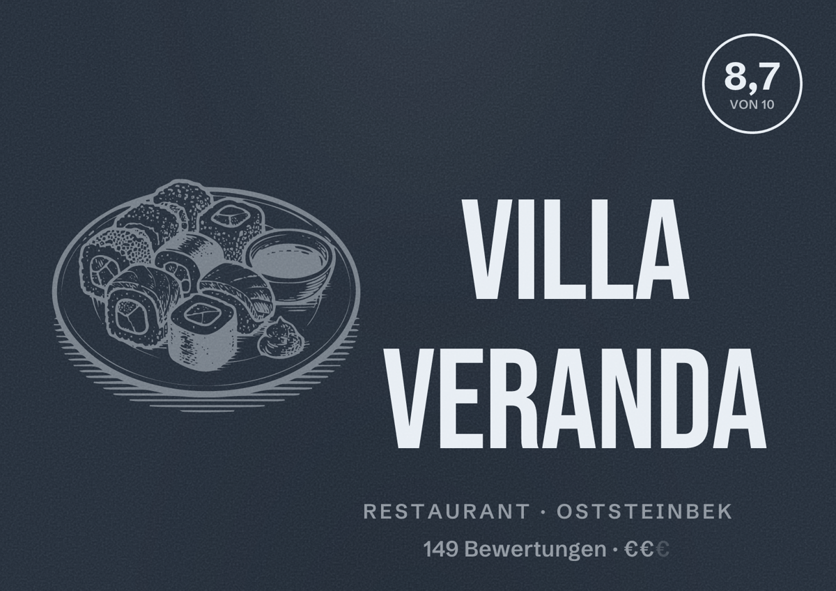 Illustriertes Poster von Villa Veranda, Restaurant in Oststeinbek: Bewertung 8,7 von 10 aus 149 Bewertungen, Preisniveau €€