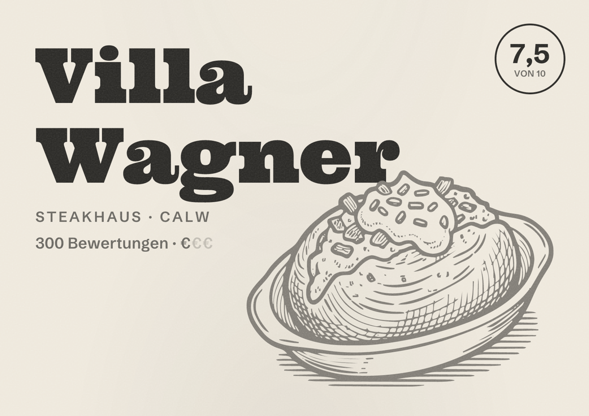 Illustriertes Poster von Villa Wagner, Steakhaus in Calw: Bewertung 7,5 von 10 aus 300 Bewertungen, Preisniveau €