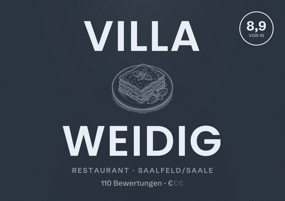 Illustriertes Poster von Villa Weidig, Restaurant in Saalfeld/Saale: Bewertung 8,9 von 10 aus 110 Bewertungen, Preisniveau €