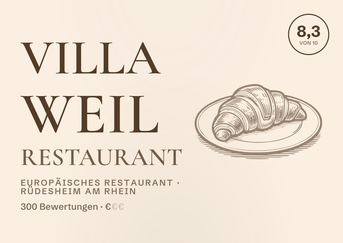 Illustriertes Poster von Villa Weil Restaurant, Europäisches Restaurant in Rüdesheim am Rhein: Bewertung 8,3 von 10 aus 300 Bewertungen, Preisniveau €