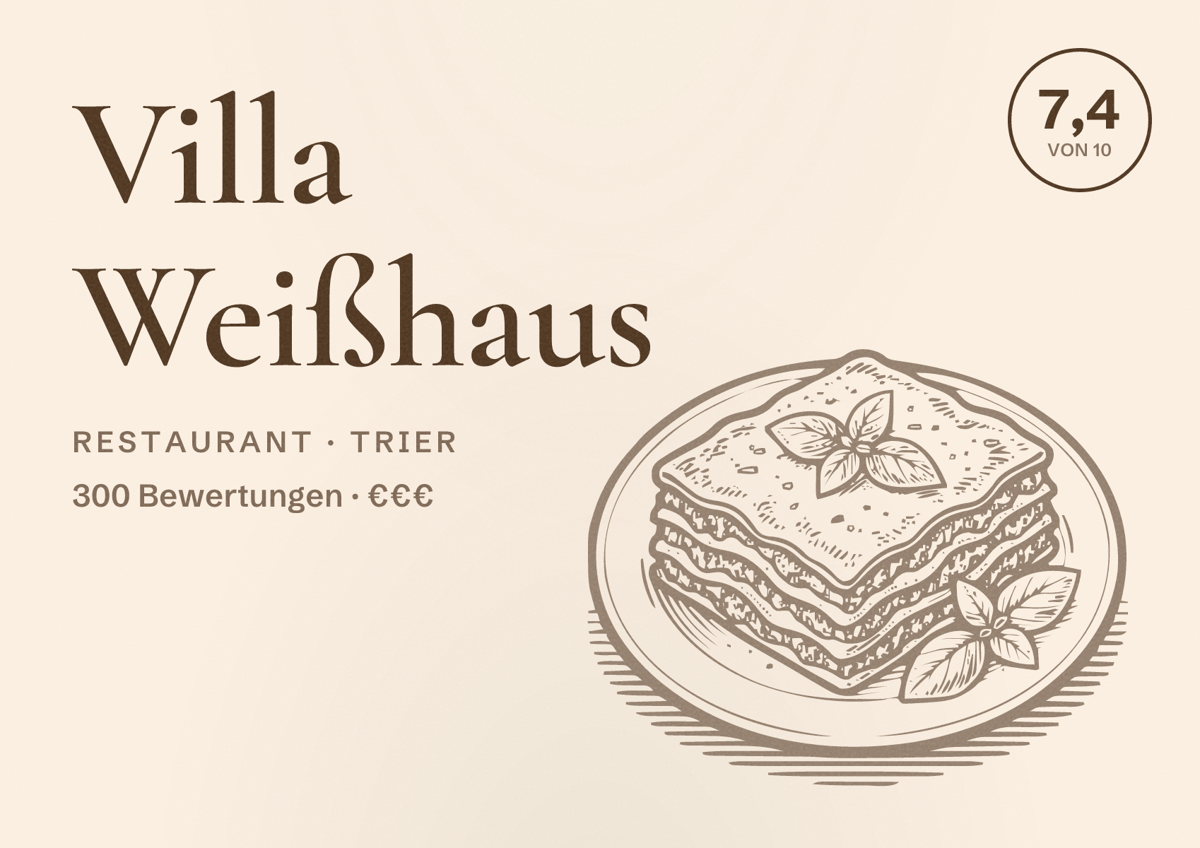 Illustriertes Poster von Villa Weißhaus, Restaurant in Trier: Bewertung 7,4 von 10 aus 300 Bewertungen, Preisniveau €€€