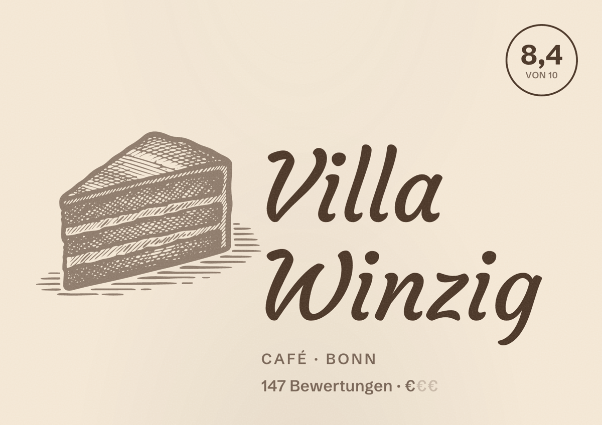 Illustriertes Poster von Villa Winzig, Café in Bonn: Gästebewertung 8,4 von 10 aus 147 Bewertungen