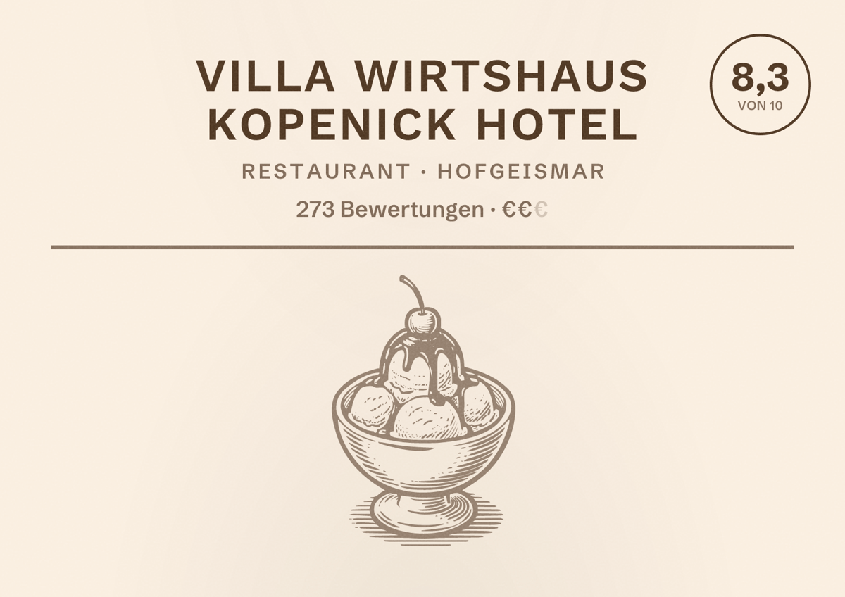 Illustriertes Poster von Villa Wirtshaus Kopenick Hotel, Restaurant in Hofgeismar: Bewertung 8,3 von 10 aus 273 Bewertungen, Preisniveau €€