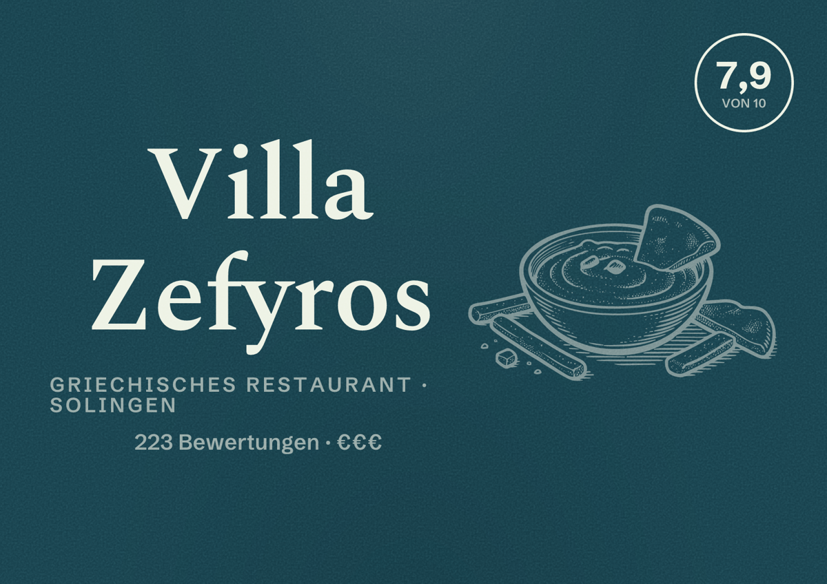Illustriertes Poster von Villa Zefyros, Griechisches Restaurant in Solingen: Bewertung 7,9 von 10 aus 223 Bewertungen, Preisniveau €€€