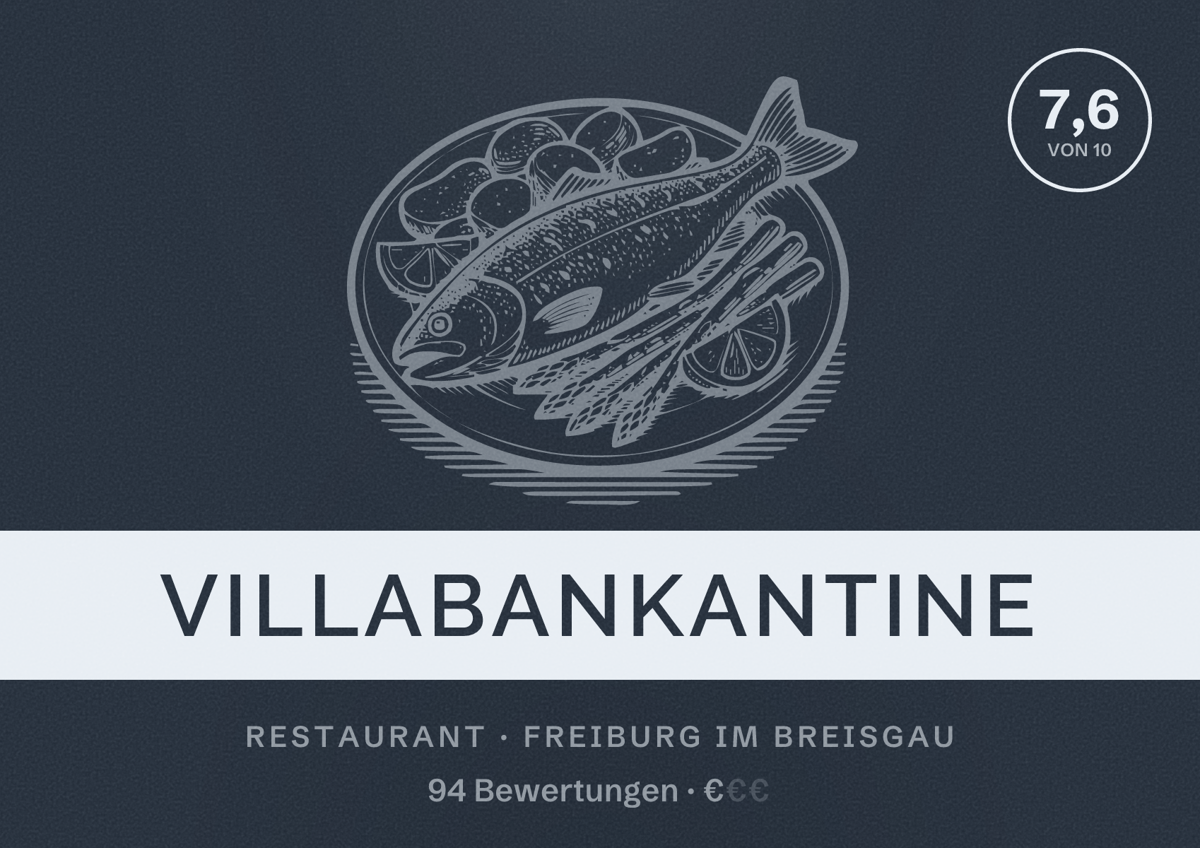 Illustriertes Poster von Villabankantine, Restaurant in Freiburg im Breisgau: Bewertung 7,6 von 10 aus 94 Bewertungen, Preisniveau €