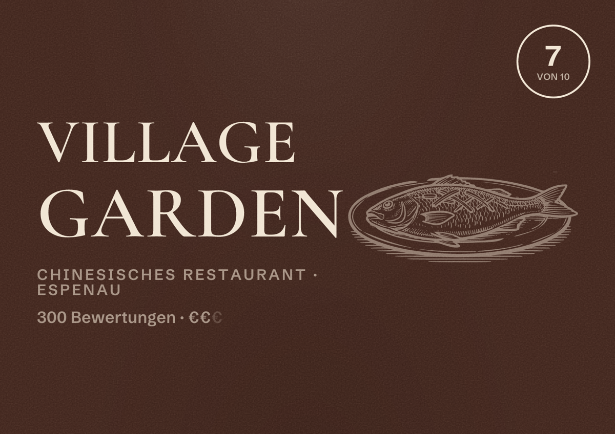 Illustriertes Poster von Village Garden, Chinesisches Restaurant in Espenau: Bewertung 7 von 10 aus 300 Bewertungen, Preisniveau €€