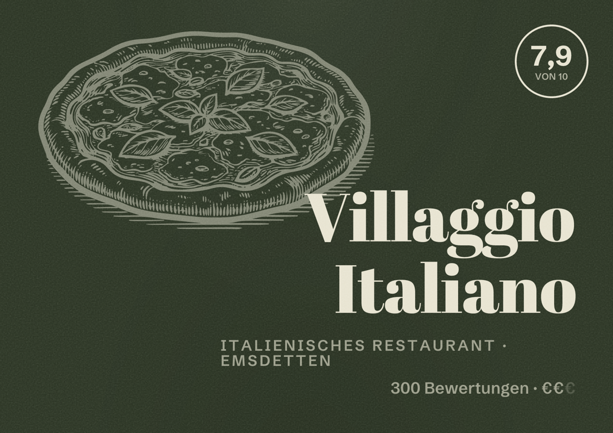 Illustriertes Poster von Villaggio Italiano, Italienisches Restaurant in Emsdetten: Bewertung 7,9 von 10 aus 300 Bewertungen, Preisniveau €€