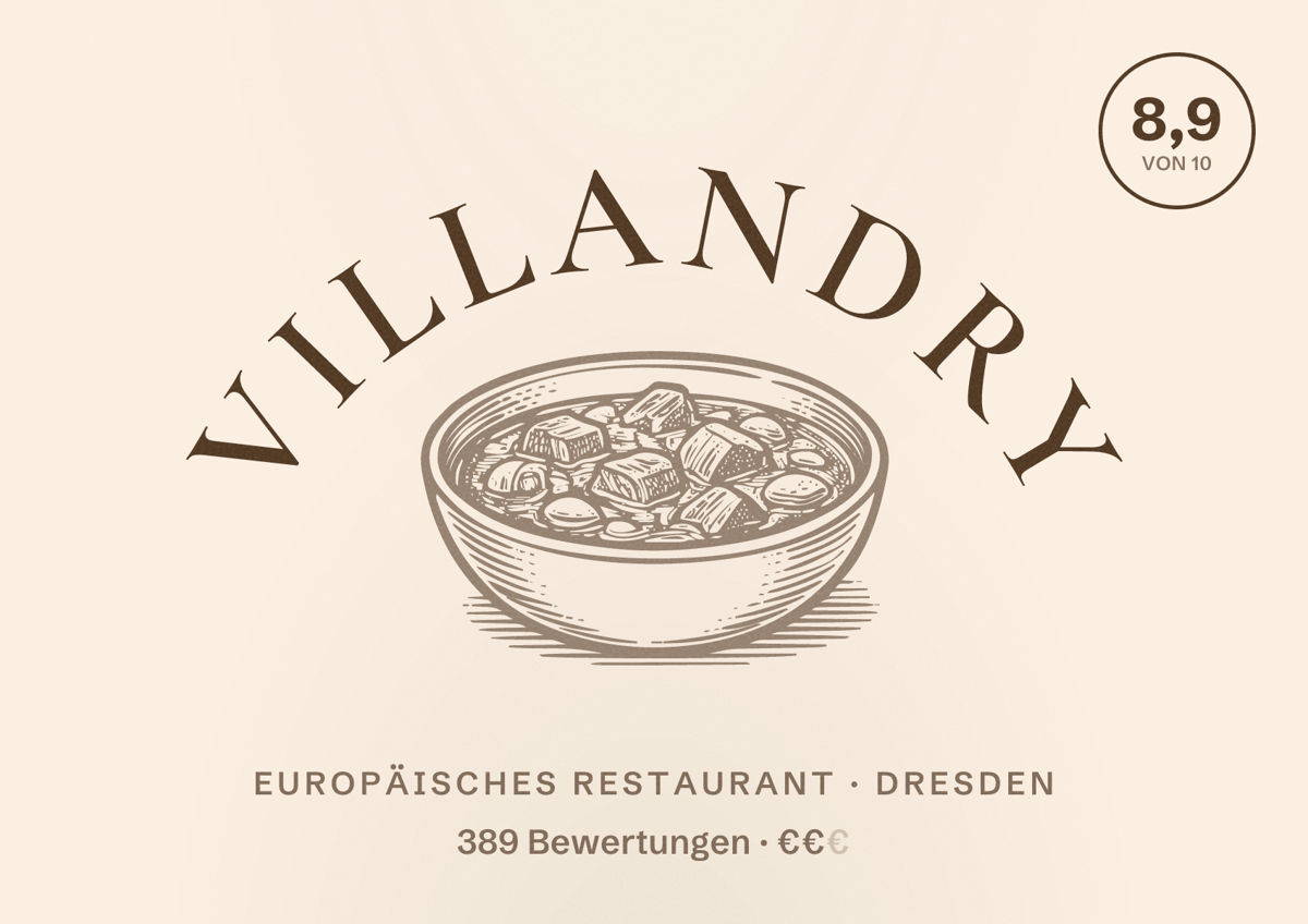 Illustriertes Poster von Villandry, Europäisches Restaurant in Dresden: Bewertung 8,9 von 10 aus 389 Bewertungen, Preisniveau €€