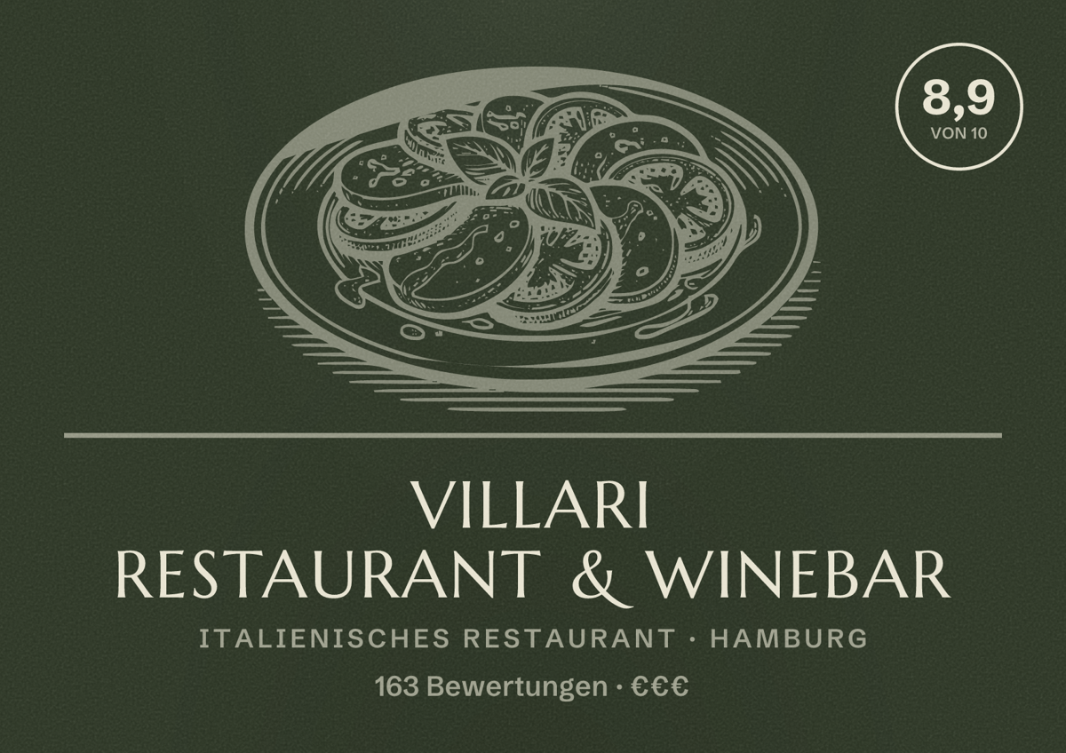 Illustriertes Poster von Villari Restaurant & Winebar, Italienisches Restaurant in Hamburg: Bewertung 8,9 von 10 aus 163 Bewertungen, Preisniveau €€€
