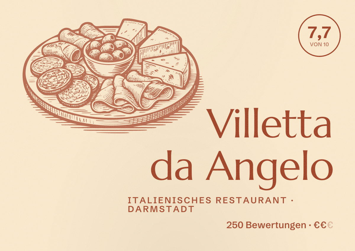 Illustriertes Poster von Villetta da Angelo, Italienisches Restaurant in Darmstadt: Bewertung 7,7 von 10 aus 250 Bewertungen, Preisniveau €€