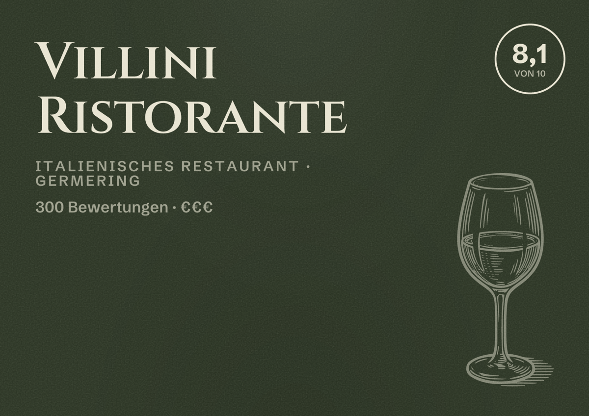 Illustriertes Poster von Villini Ristorante, Italienisches Restaurant in Germering: Bewertung 8,1 von 10 aus 300 Bewertungen, Preisniveau €€€