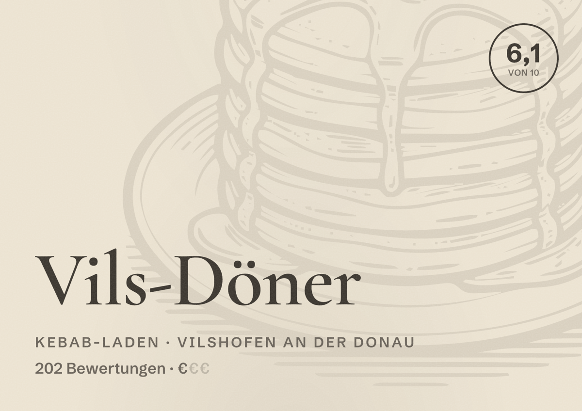 Illustriertes Poster von Vils-Döner, Kebab-Laden in Vilshofen an der Donau: Bewertung 6,1 von 10 aus 202 Bewertungen, Preisniveau €