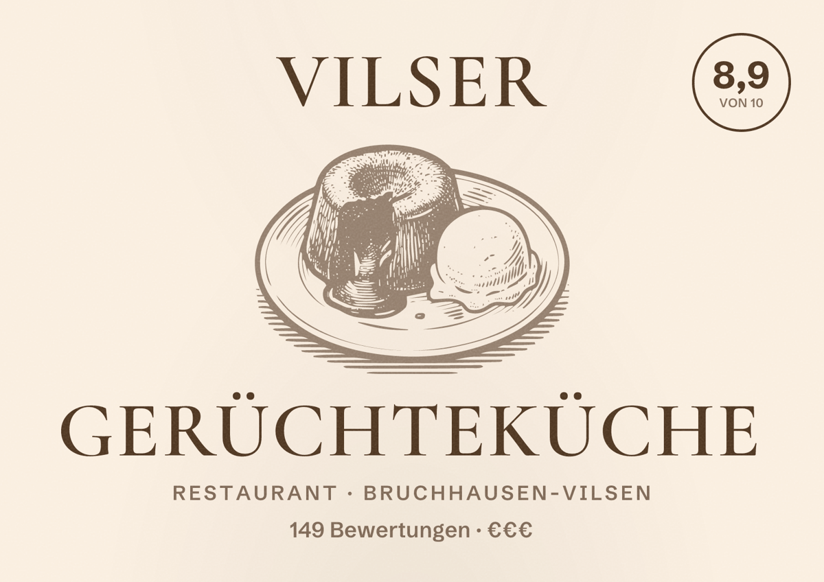Illustriertes Poster von Vilser Gerüchteküche, Restaurant in Bruchhausen-Vilsen: Bewertung 8,9 von 10 aus 149 Bewertungen, Preisniveau €€€
