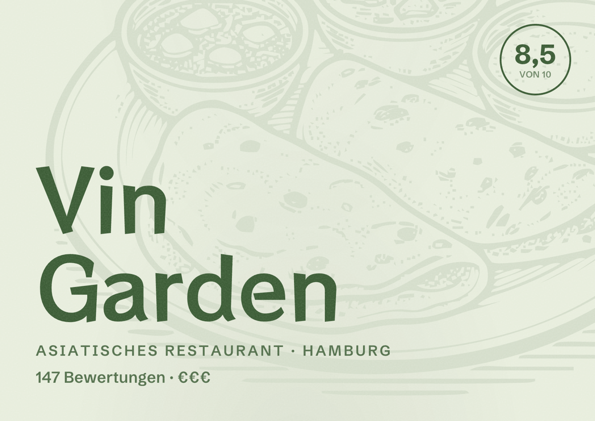 Illustriertes Poster von Vin Garden, Asiatisches Restaurant in Hamburg: Bewertung 8,5 von 10 aus 147 Bewertungen, Preisniveau €€€