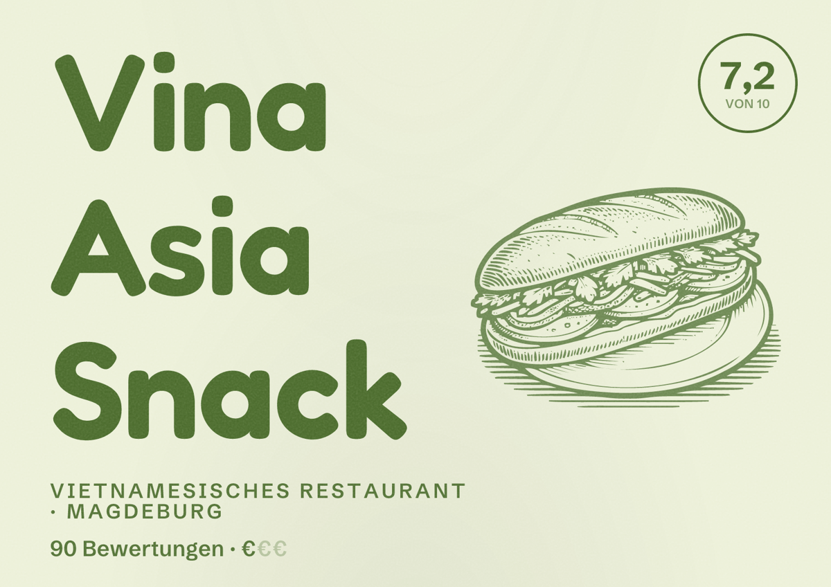 Illustriertes Poster von Vina Asia Snack, Vietnamesisches Restaurant in Magdeburg: Bewertung 7,2 von 10 aus 90 Bewertungen, Preisniveau €