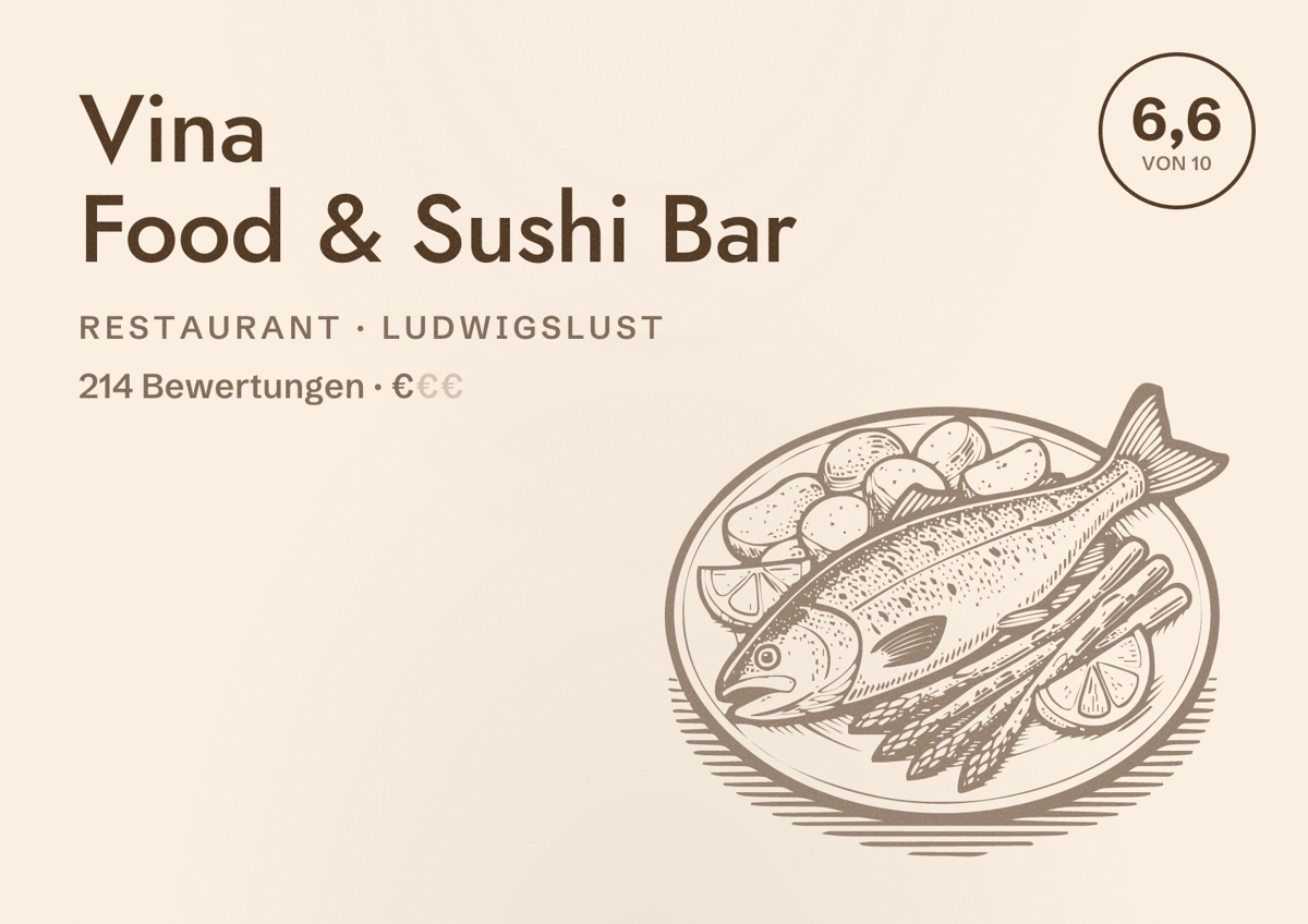 Illustriertes Poster von Vina Food & Sushi Bar, Restaurant in Ludwigslust: Bewertung 6,6 von 10 aus 214 Bewertungen, Preisniveau €