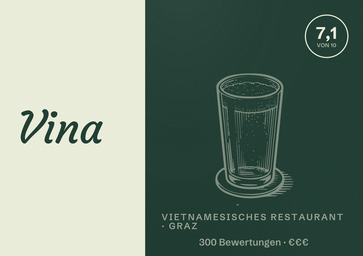 Illustriertes Poster von Vina, Vietnamesisches Restaurant in Graz: Bewertung 7,1 von 10 aus 300 Bewertungen, Preisniveau €€€