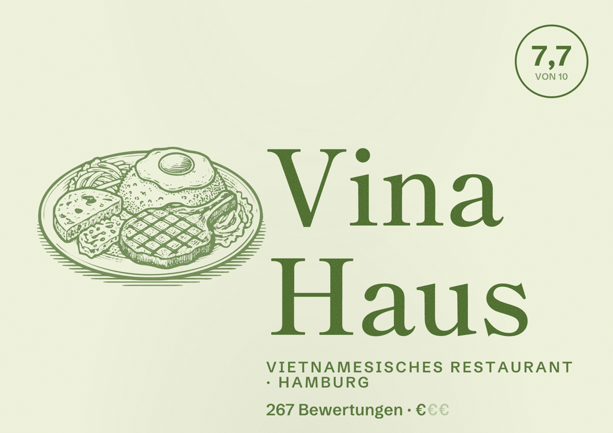 Illustriertes Poster von Vina Haus, Vietnamesisches Restaurant in Hamburg: Bewertung 7,7 von 10 aus 267 Bewertungen, Preisniveau €