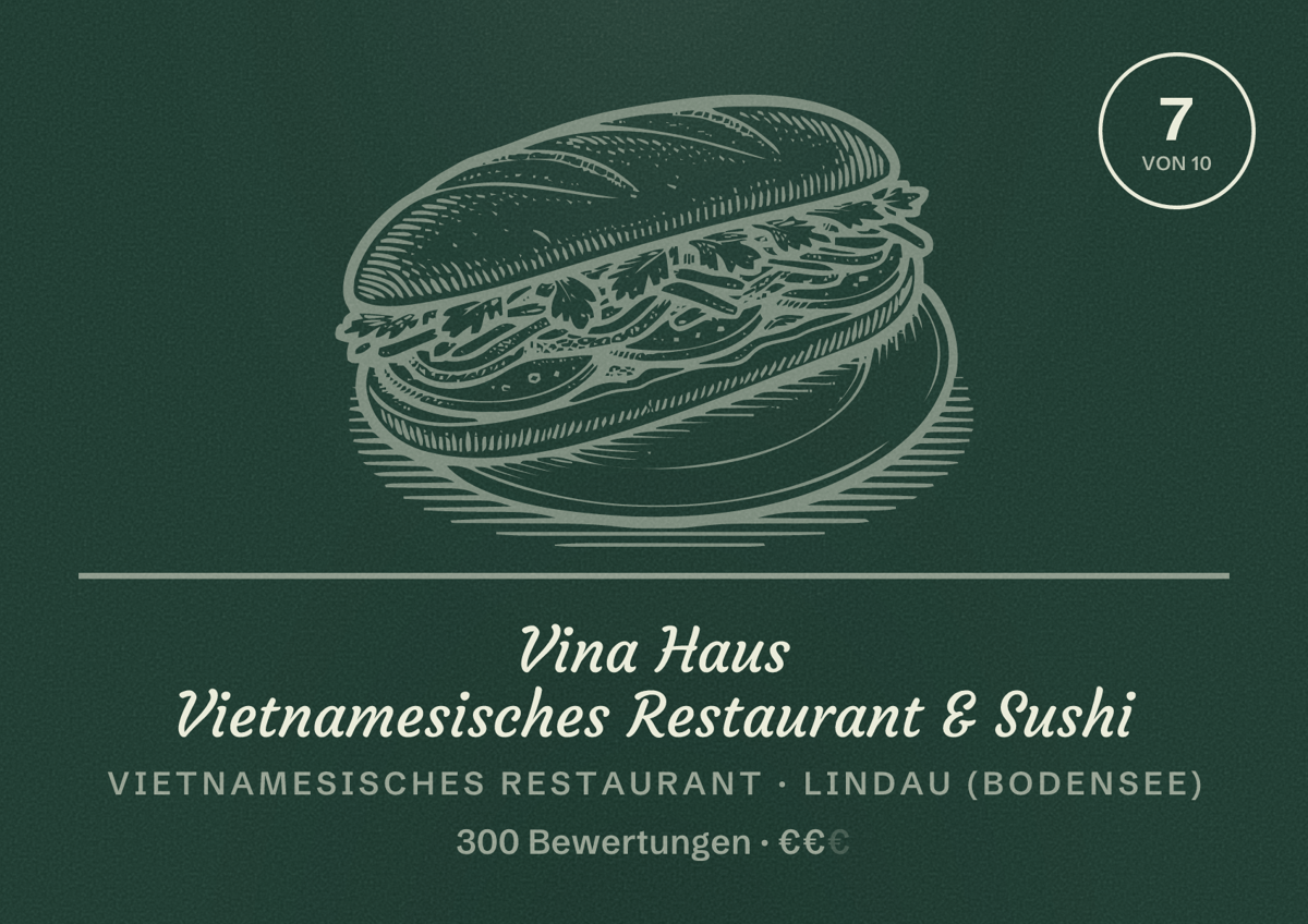 Illustriertes Poster von Vina Haus Vietnamesisches Restaurant & Sushi, Vietnamesisches Restaurant in Lindau (Bodensee): Bewertung 7 von 10 aus 300 Bewertungen, Preisniveau €€