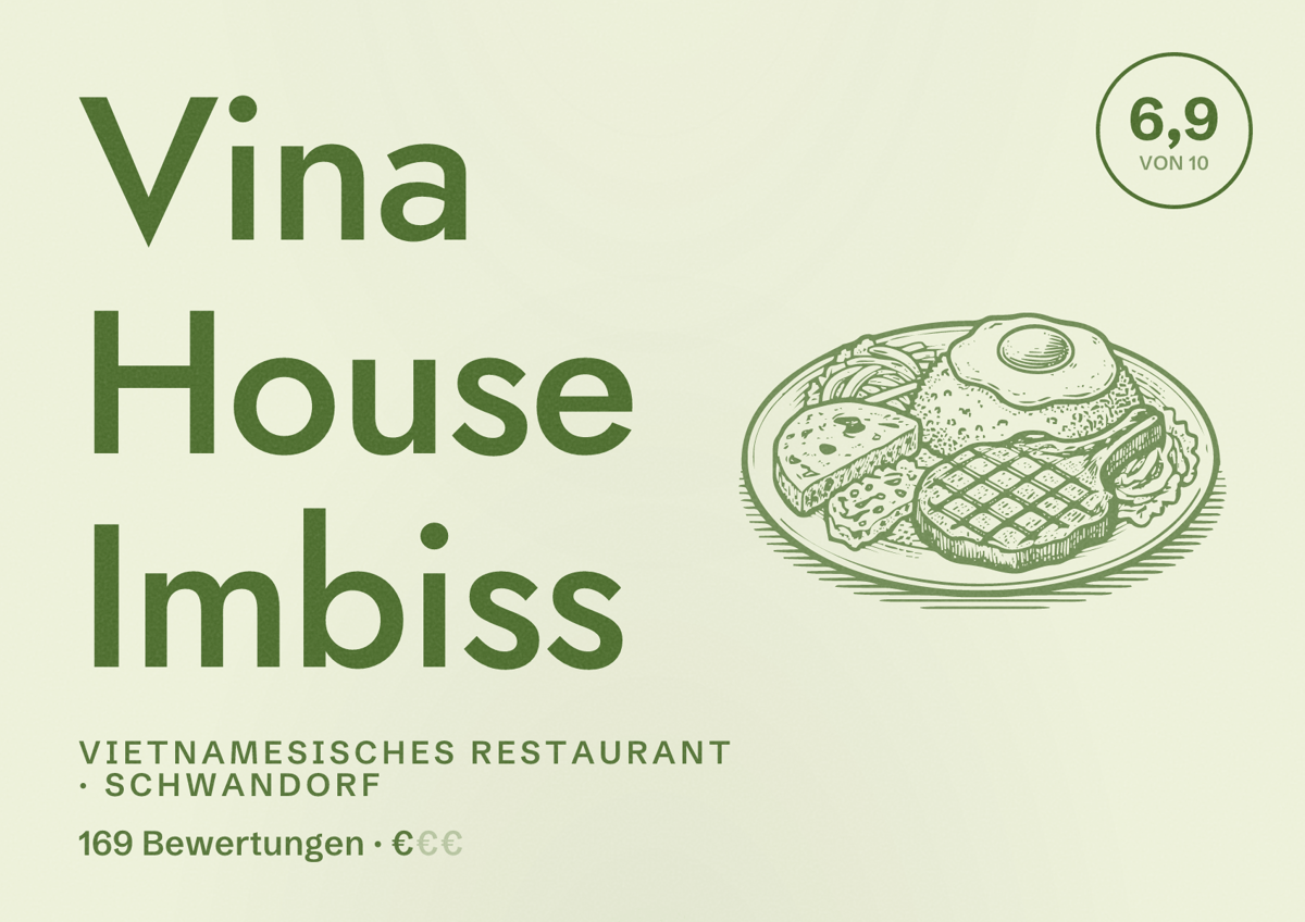 Illustriertes Poster von Vina House Imbiss, Vietnamesisches Restaurant in Schwandorf: Bewertung 6,9 von 10 aus 169 Bewertungen, Preisniveau €