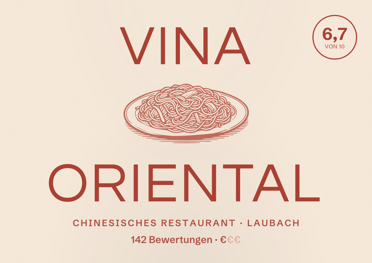 Illustriertes Poster von Vina Oriental, Chinesisches Restaurant in Laubach: Bewertung 6,7 von 10 aus 142 Bewertungen, Preisniveau €