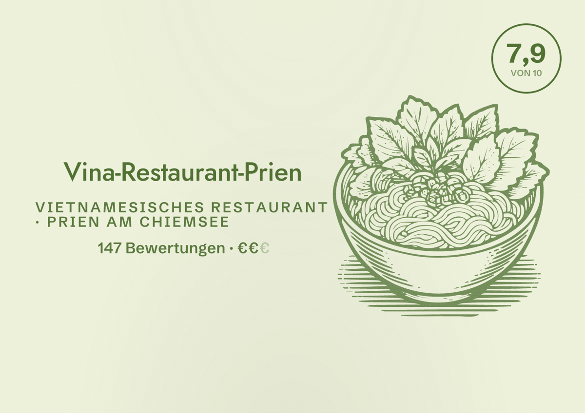 Illustriertes Poster von Vina-Restaurant-Prien, Vietnamesisches Restaurant in Prien am Chiemsee: Bewertung 7,9 von 10 aus 147 Bewertungen, Preisniveau €€