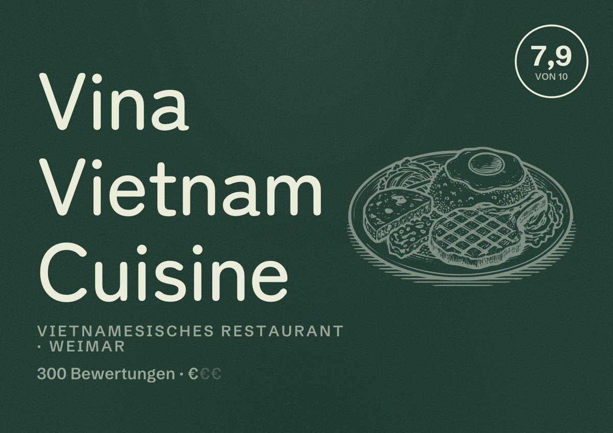 Illustriertes Poster von Vina Vietnam Cuisine, Vietnamesisches Restaurant in Weimar: Bewertung 7,9 von 10 aus 300 Bewertungen, Preisniveau €