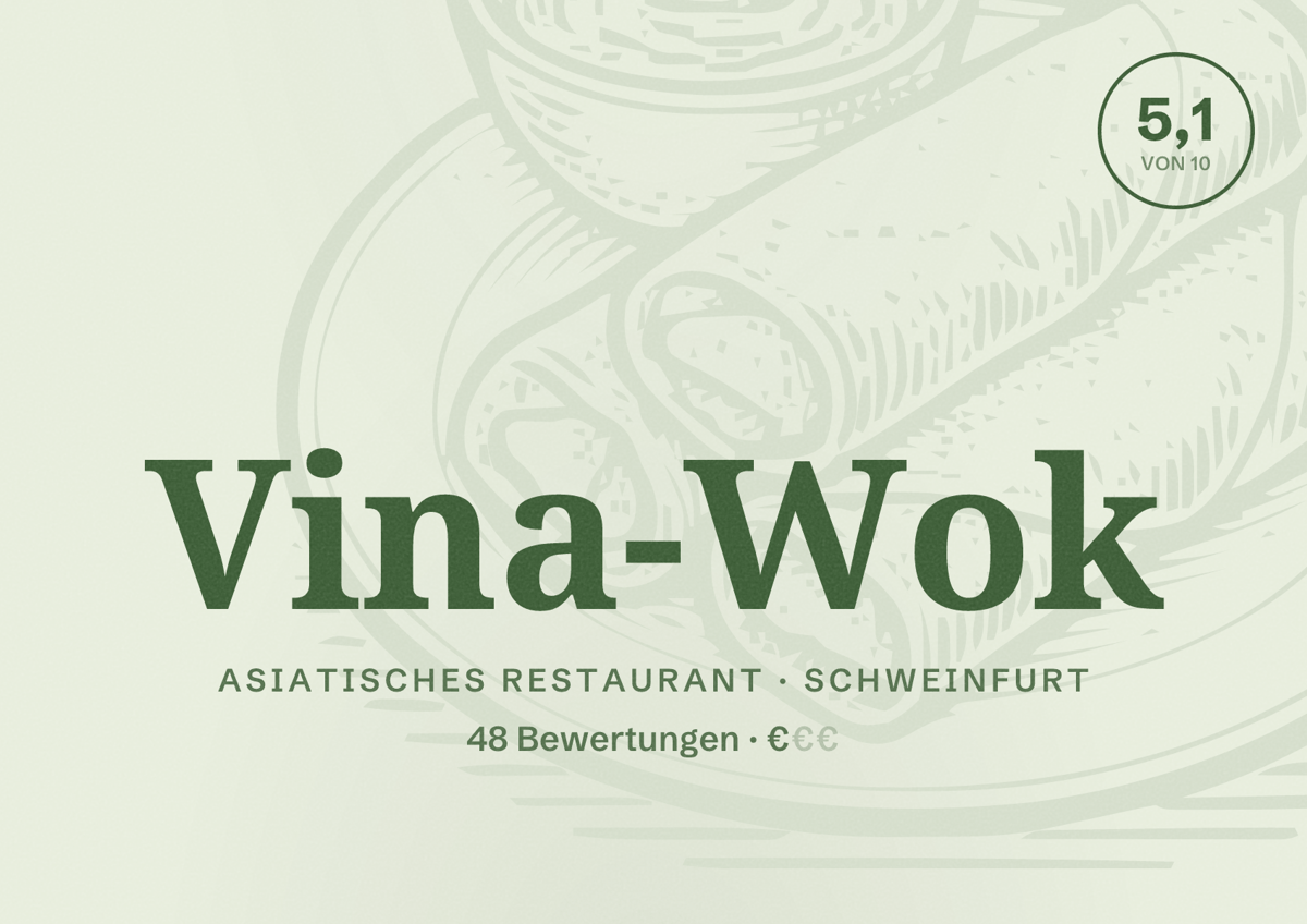 Illustriertes Poster von Vina-Wok, Asiatisches Restaurant in Schweinfurt: Bewertung 5,1 von 10 aus 48 Bewertungen, Preisniveau €