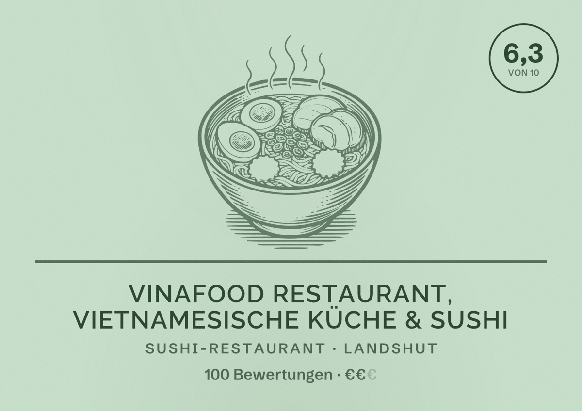 Illustriertes Poster von VinaFood Restaurant, Vietnamesische Küche & Sushi, Sushi-Restaurant in Landshut: Bewertung 6,3 von 10 aus 100 Bewertungen, Preisniveau €€
