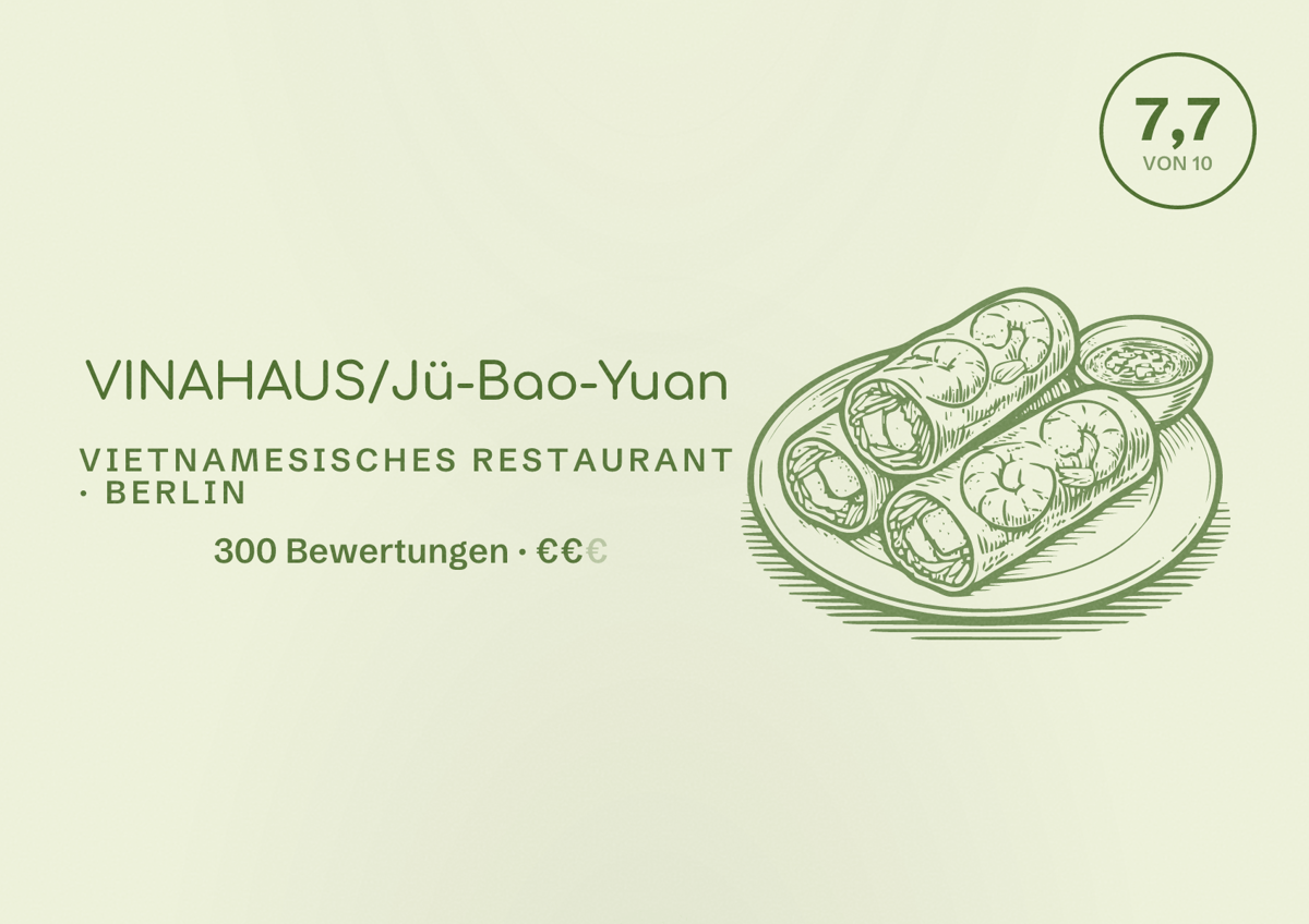 Illustriertes Poster von VINAHAUS/Jü-Bao-Yuan, Vietnamesisches Restaurant in Berlin: Bewertung 7,7 von 10 aus 300 Bewertungen, Preisniveau €€