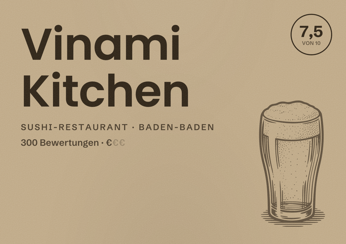 Illustriertes Poster von Vinami Kitchen, Sushi-Restaurant in Baden-Baden: Bewertung 7,5 von 10 aus 300 Bewertungen, Preisniveau €