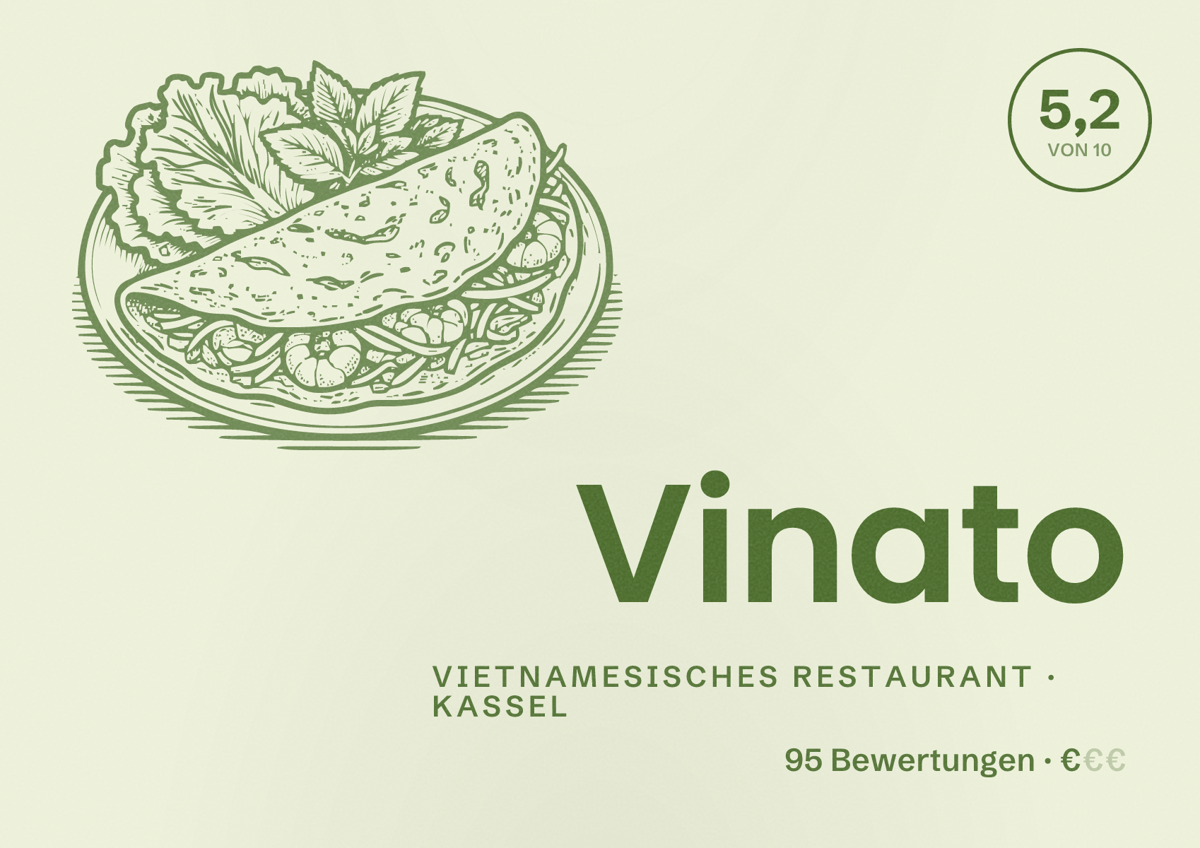 Illustriertes Poster von Vinato, Vietnamesisches Restaurant in Kassel: Bewertung 5,2 von 10 aus 95 Bewertungen, Preisniveau €