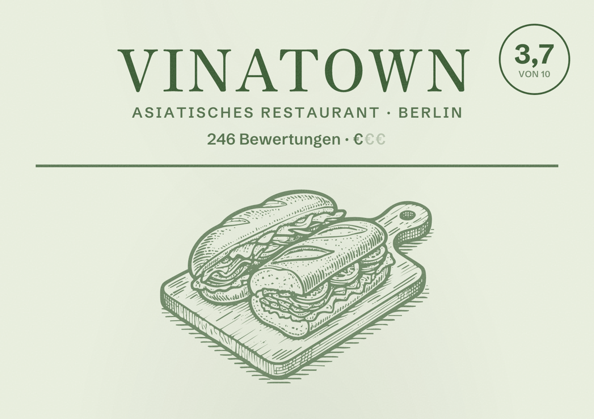 Illustriertes Poster von Vinatown, Asiatisches Restaurant in Berlin: Bewertung 3,7 von 10 aus 246 Bewertungen, Preisniveau €